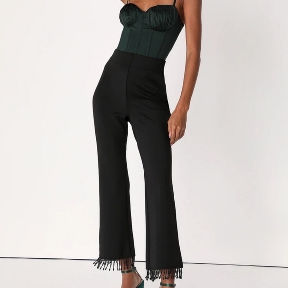 NWT Lulu's Chic Party Black Beaded Fringe Cropped Pants Size Medium - Picture 1 of 14